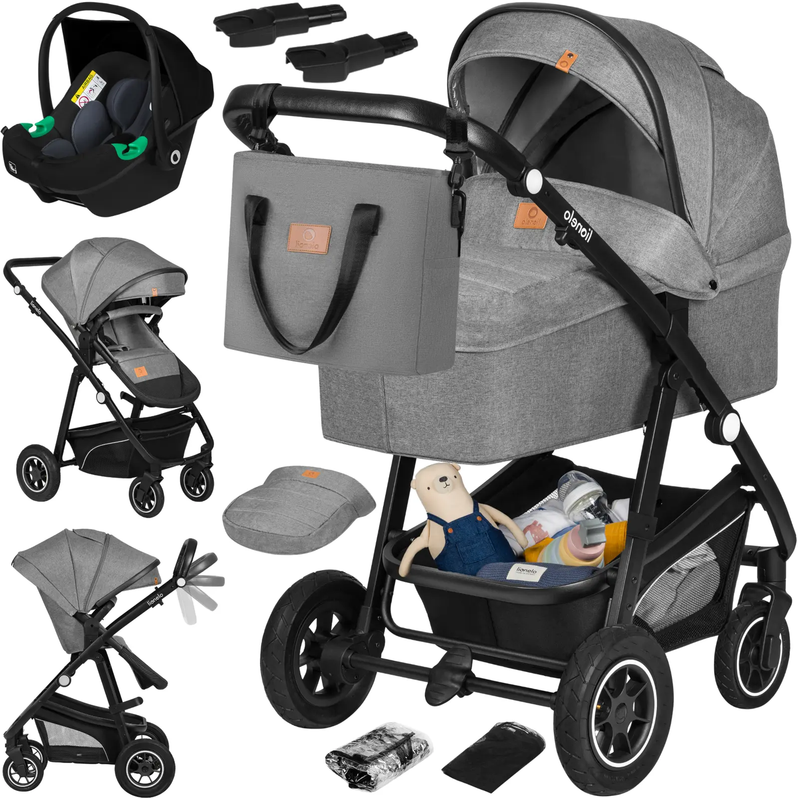 Carrinho De Bebé Multifuncional Lionelo Bianka 3em1: Alcofa  Cadeira Auto Assento Reversível Dobrável 0–22 Kg  Acessórios, Cinzento