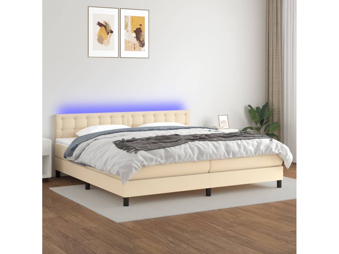 Vidaxl Cama Box Spring C/ Colchão E Led 200x200 Cm Tecido Cor Creme