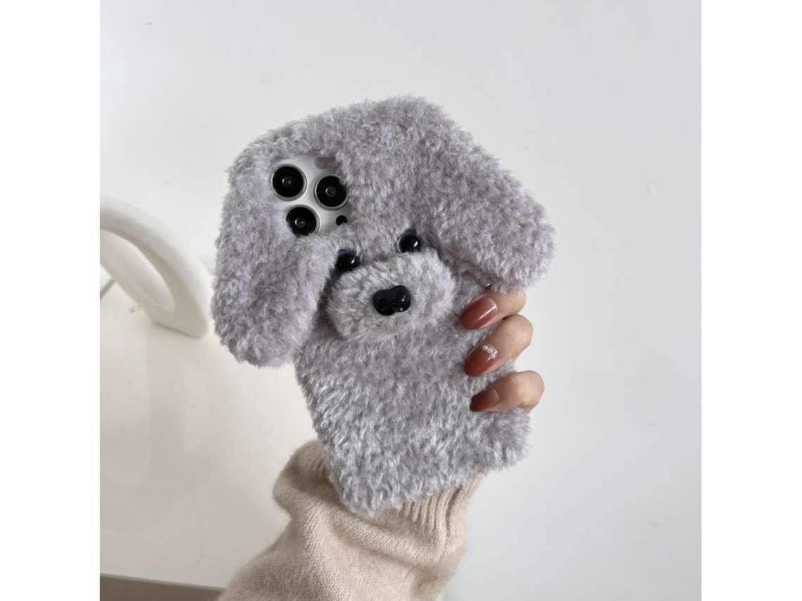 Capa De Pelúcia Fofa Em Formato De Cachorrinho Para Iphone 17 Pro Max, Capa Macia E Felpuda Em 3d Com Adorável Design De Filhote, Cinza.