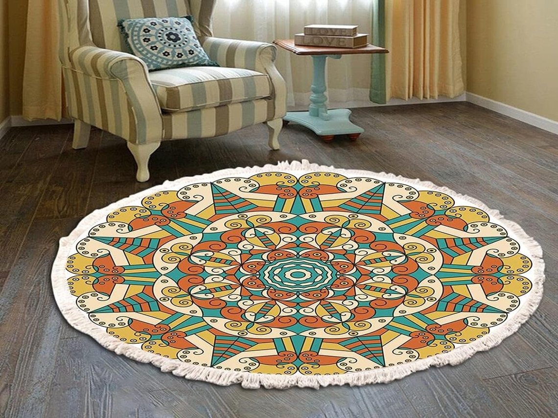Lurelia Tapete Mandala Redondo Boémio Lavável Absorvente Feito Mão Colorido 120 Cm