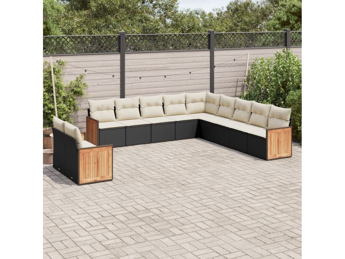 11 Pcs Conjunto Sofás De Jardim C/ Almofadões Vime Pe Preto Haochrymec