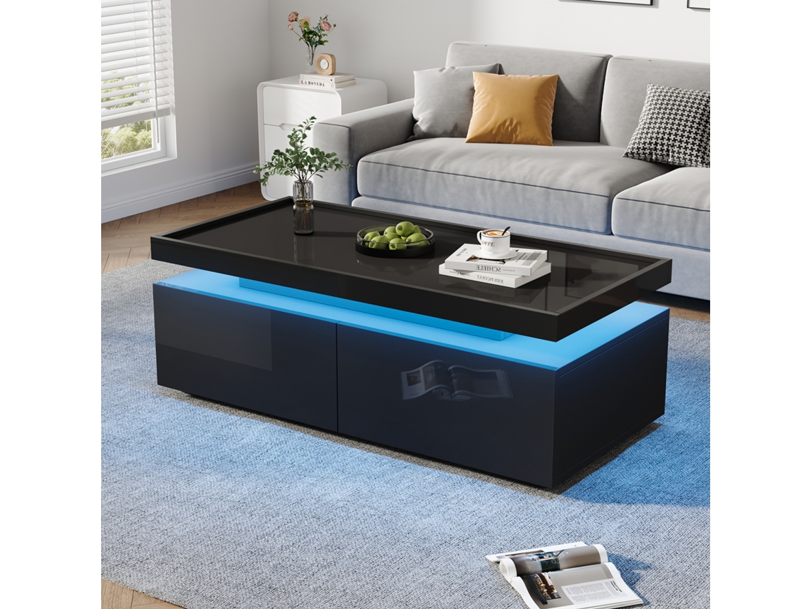 Mesa Centro Led 95x45x35cm 2 Gavetas Preta
