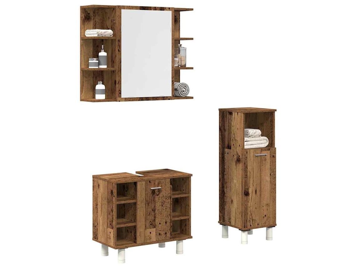Vidaxl 3 Pcs Conj. Móveis Casa Banho Derivados Madeira Madeira Velha