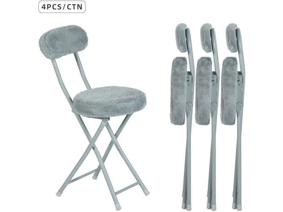 Conjunto De 4 Cadeiras/banquinhos Dobráveis, Assento Redondo Em Tecido Com Efeito De Pelagem Falsa Cinza Ernst Meubles Cosy