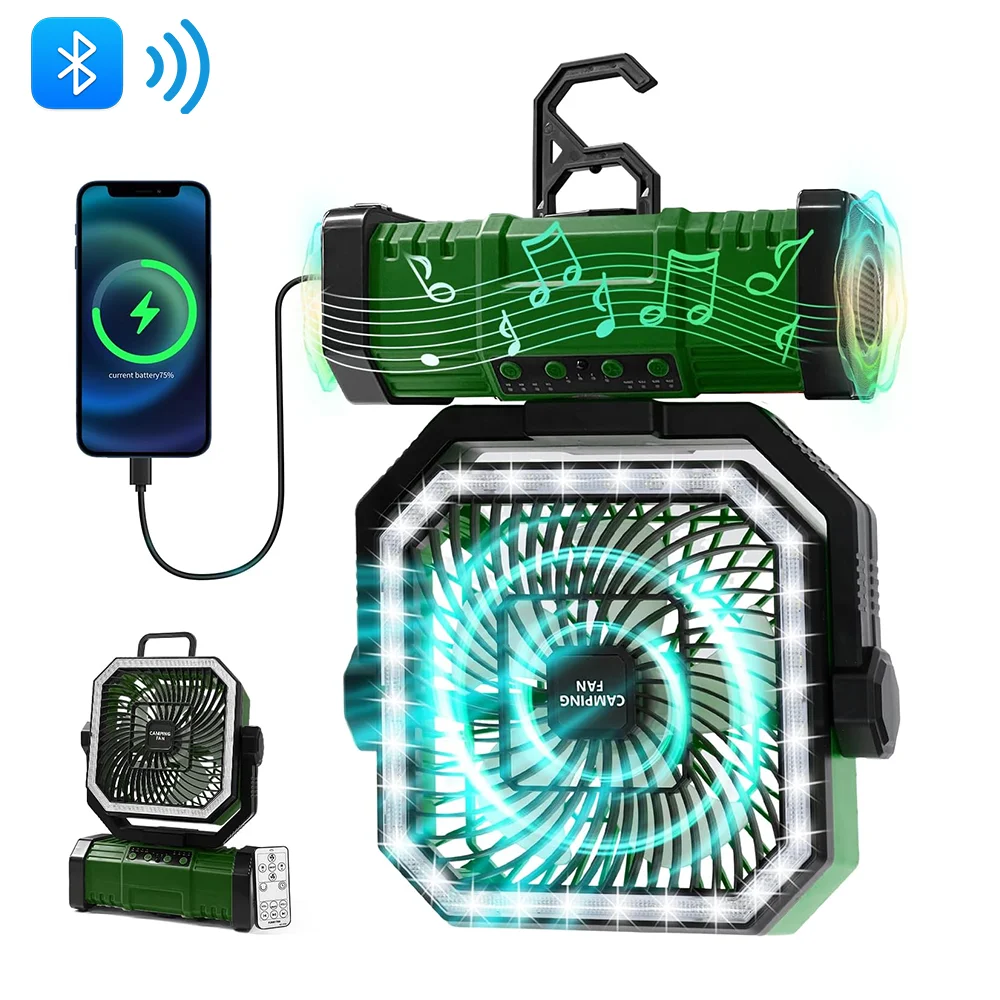 (verde) Ventilador portátil para uso externo, recarregável via USB, com 4 velocidades de vento, ideal para acampamento ao ar livre, com gancho.