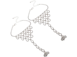 Conjunto De 2 Pulseiras De Mão Em Corrente Prateada Com Anéis Adornados Com Pedras Brilhantes.