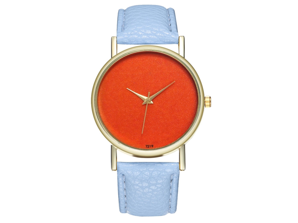 Relógio de Pulso Casual Feminino Simples Elegante Quartz com Esfera Laranja e Pulseira de Couro Pu Azul Claro
