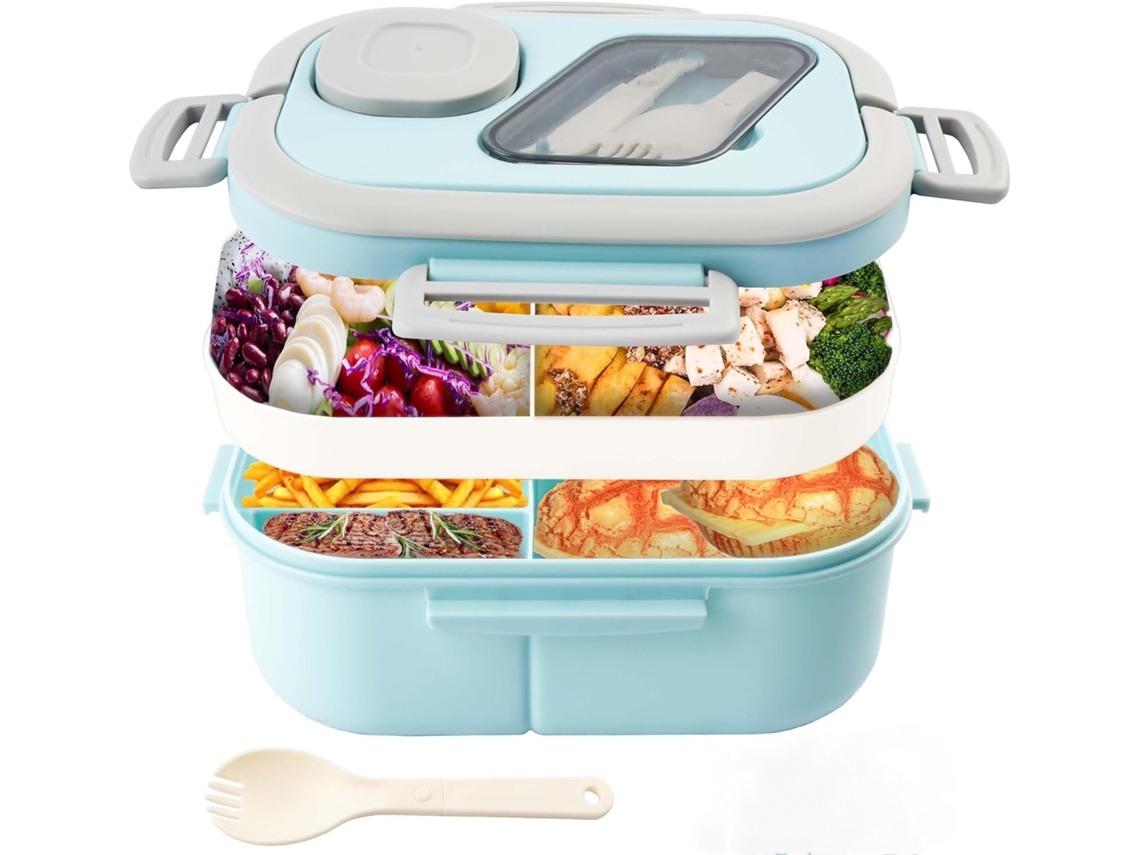 Marmita Bento Grande Para Adultos Com Recipiente Para Salada E Bandeja Para Recheios Estilo, Inclui Garfo Reutilizável, Azul