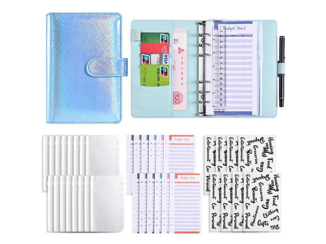 A6 Pu Leather Holographic Cash Budget Binder Notebook, Blue Standard Gift Set 12-budget Cards, 8-zipper Pouches, 2-word