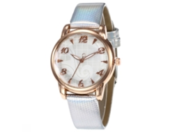 Relógio de pulso feminino com pulseira simples em PU, mostrador redondo e números dourados e prateados.