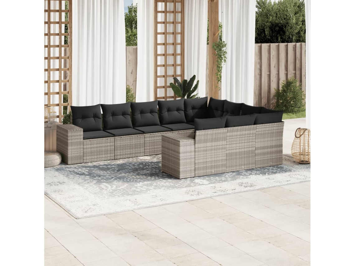 Vidaxl 10 Pcs Conj. Sofás Jardim Com Almofadões Vime Pe Cinzento-claro