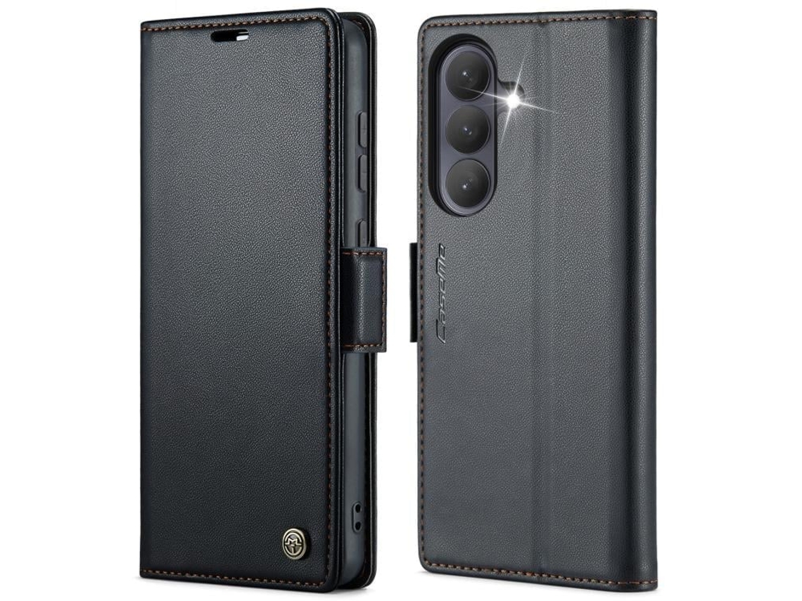 Capa Para Samsung Galaxy S26 Plus 5g De Couro Com Textura De Lichia Fecho Borboleta E Proteção Rfid Antirroubo Preta