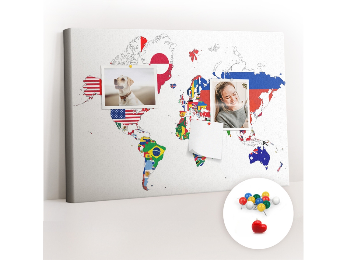 Quadro De Cortiça Com Impressão Mapa De Bandeiras Nacionais Para O Quarto Das Crianças Espelharte (60x40 Cm)