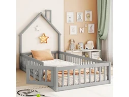 Cama Infantil Pinho 90x200cm Minimalista Cinza Com Chaminé E Prateleira