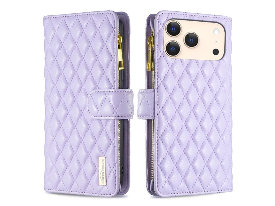 Capa Para Iphone 17 Pro - Couro Com Padrão De Diamante E Zíper