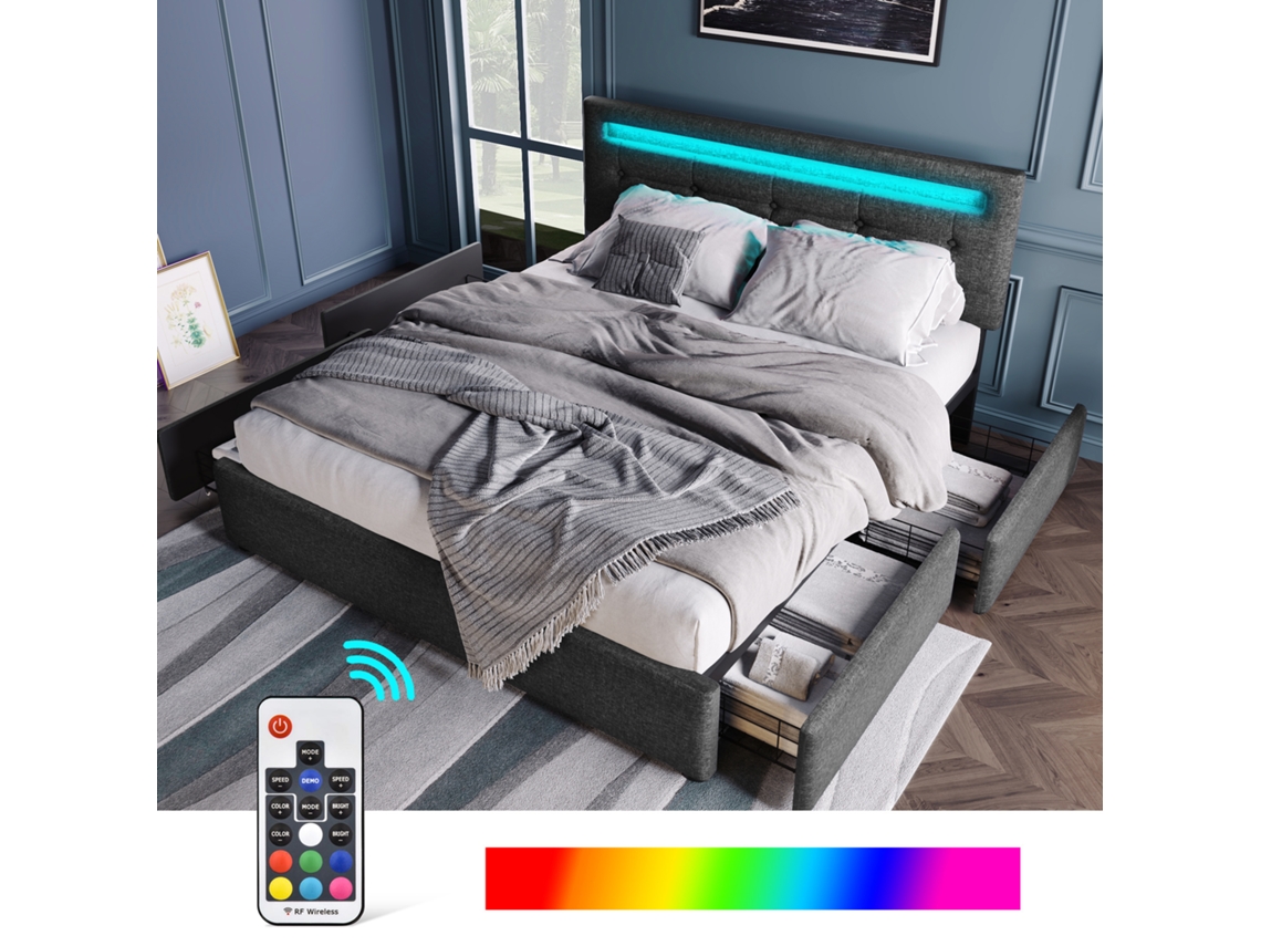 Cama Estofada 140x200 Cinza Com Led 4 Gavetas