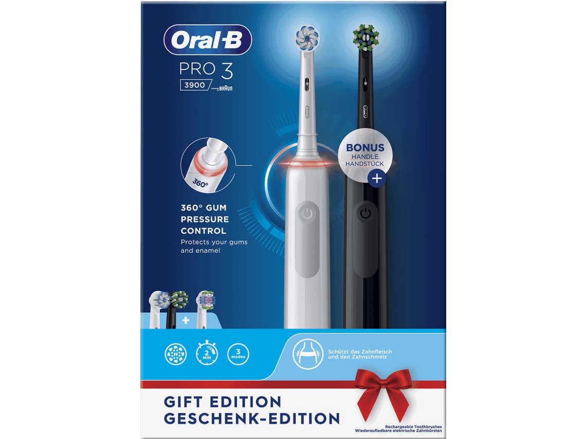 Escova Dentes Elétrica ORAL-B Pro 3 3900 Branca e Preto (2 unidades)