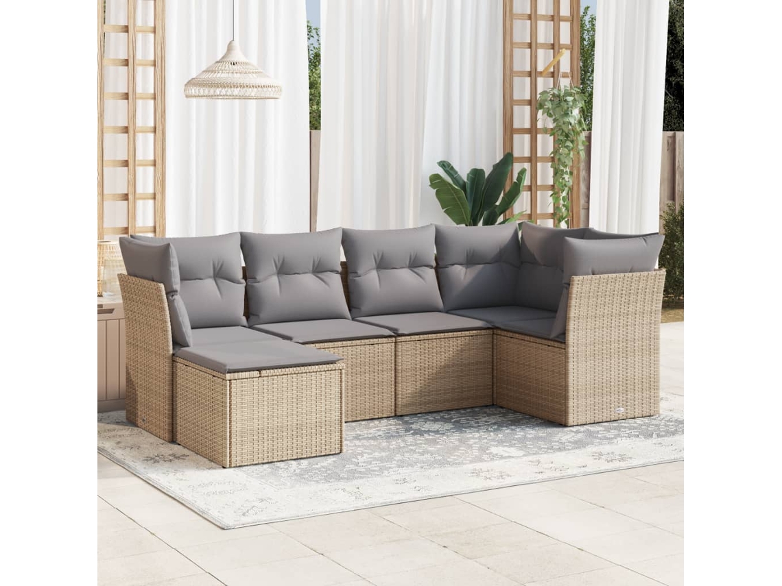 Vidaxl 6 Pcs Conjunto De Sofás P/ Jardim Com Almofadões Vime Pe Bege
