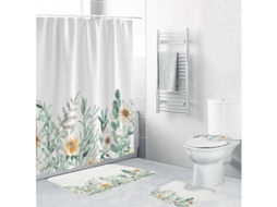 Conjunto De Cortina De Ducha Com Tapetes Antiderrapantes 4 Peças Plantas Flores Impermeável Para Banheiro
