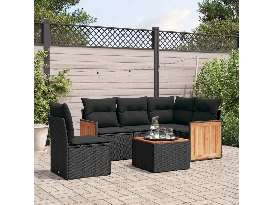 Vidaxl 6 Pcs Conjunto Sofás De Jardim C/ Almofadões Vime Pe Preto