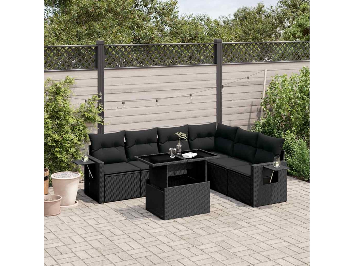 Vidaxl 7 Pcs Conjunto De Sofás P/ Jardim C/ Almofadões Vime Pe Preto