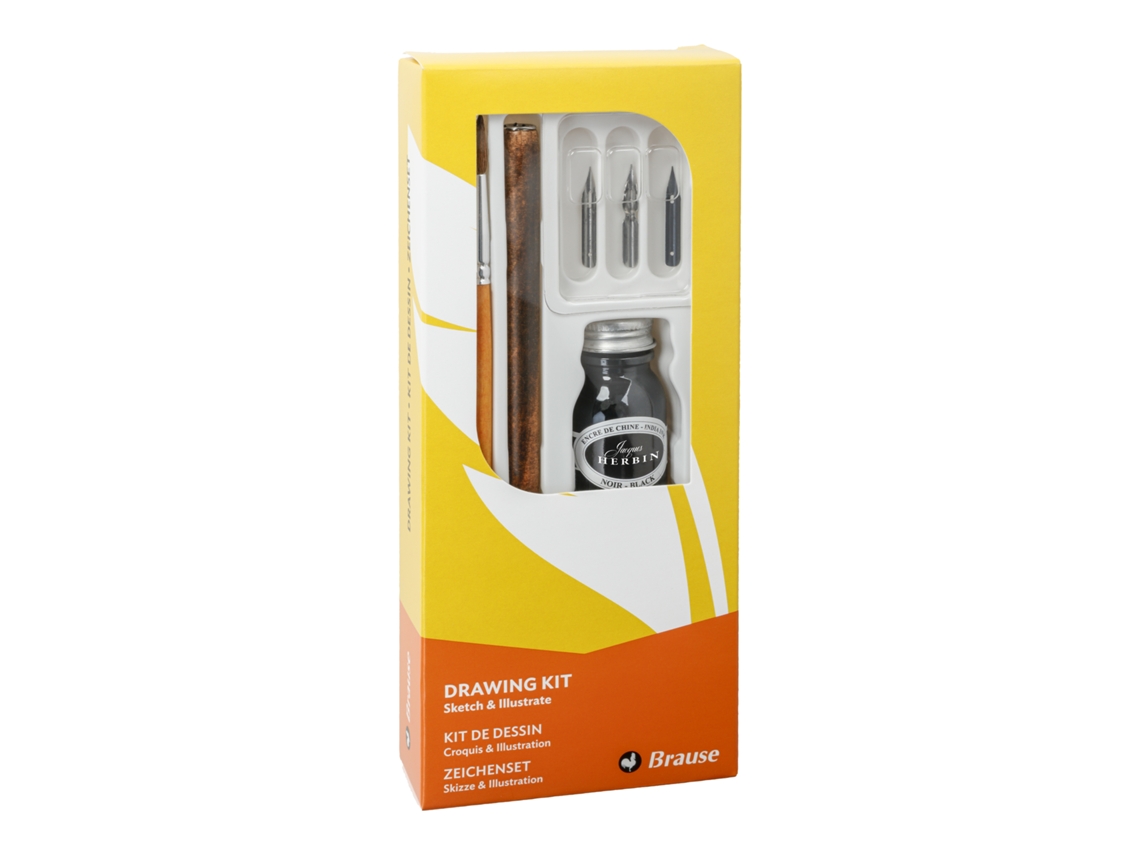 Kit de Desenho com 1 Suporte de Madeira para Aparo 3 Aparo 1 Pincel e 1 Frasco de Tinta Da China BRAUSE