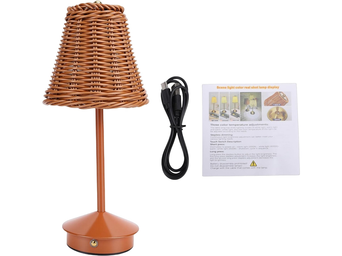Abajur de mesa em rattan, luz de leitura LED recarregável com 3 temperaturas de cor, controle por toque.