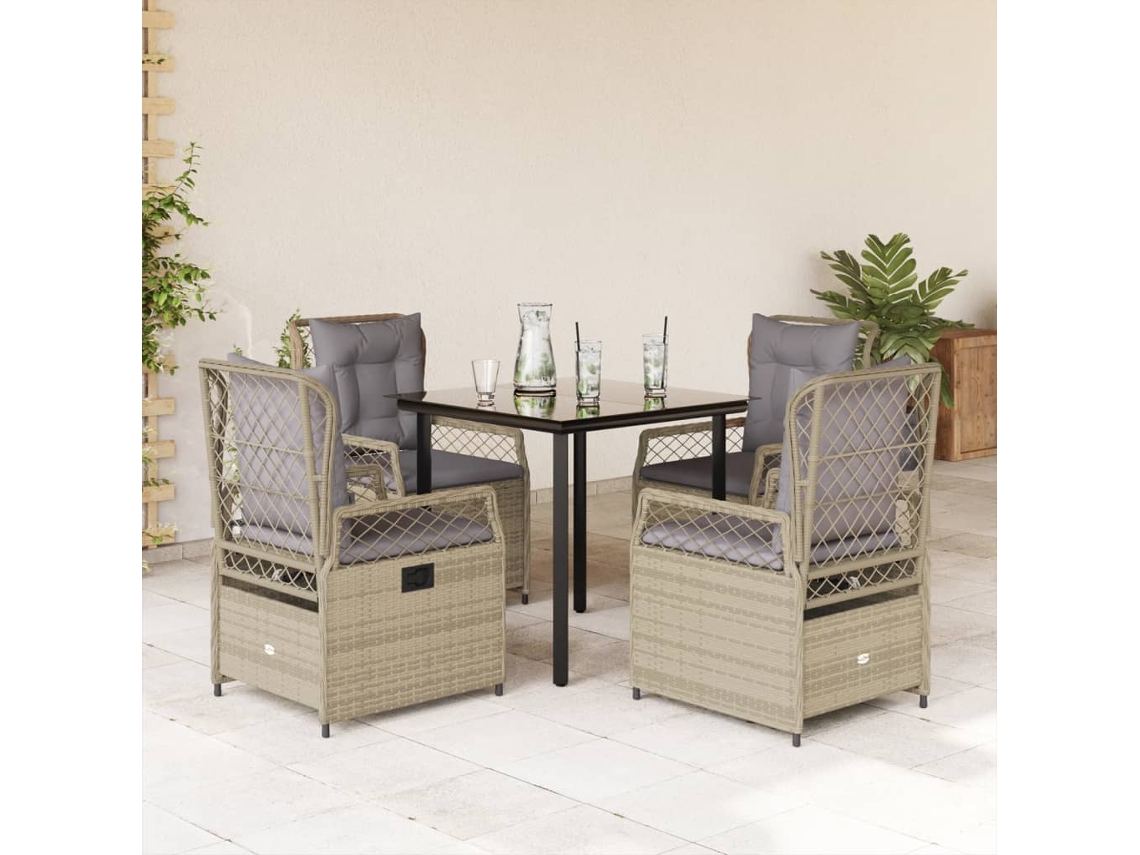 Vidaxl 5 Pcs Conjunto De Jantar P/ Jardim Com Almofadões Vime Pe Bege