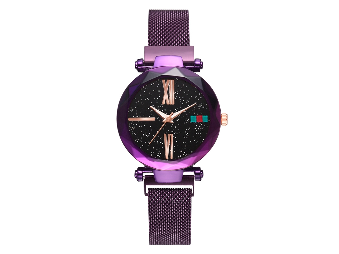 Relógio masculino de quartzo com pulseira de malha e mostrador redondo, com luzes coloridas roxas em formato de estrela.
