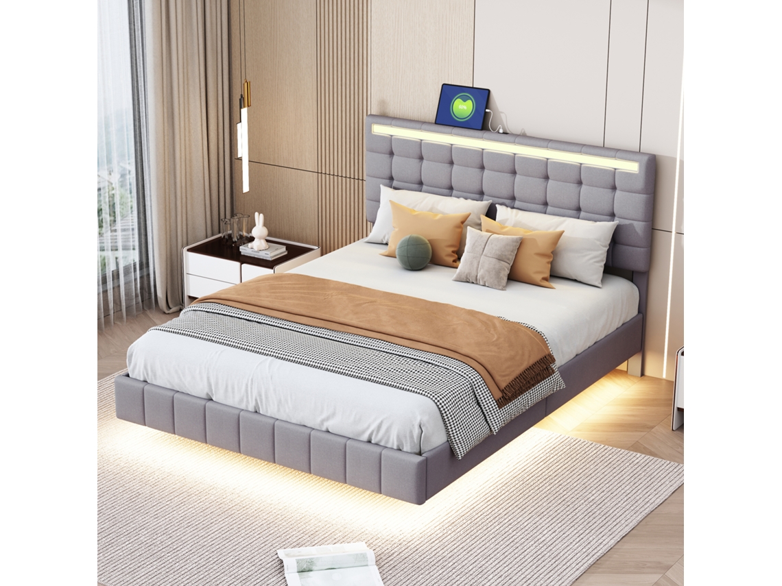 Cama 140x200 Cm Com Estrutura Flutuante Led E Cabeceira De Linho Cinza