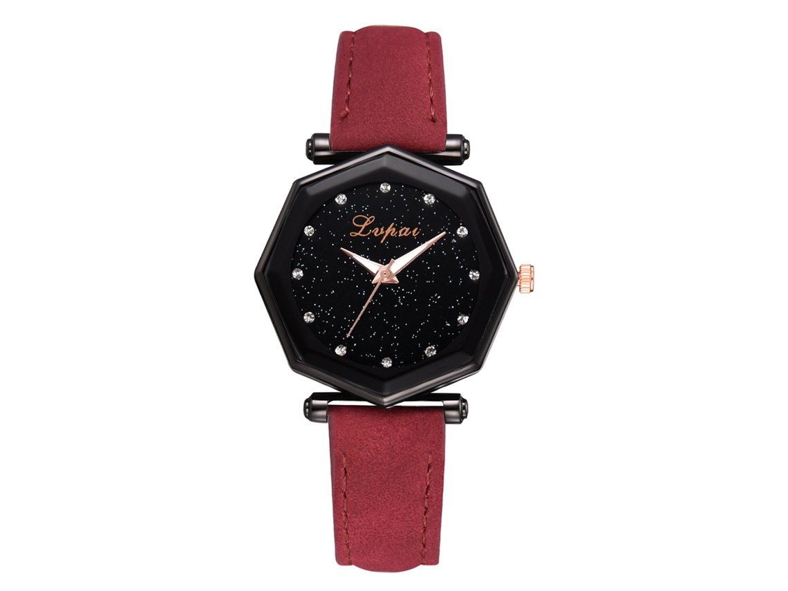 Relógio de pulso feminino com mostrador geométrico e pulseira de couro PU vermelha.