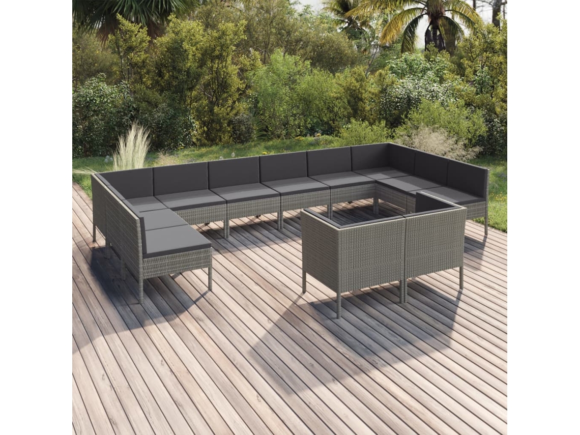 Conjunto 12 Peças Lounge De Jardim C/ Almofadões Vime Pe Cinzento Dkd Home Decor