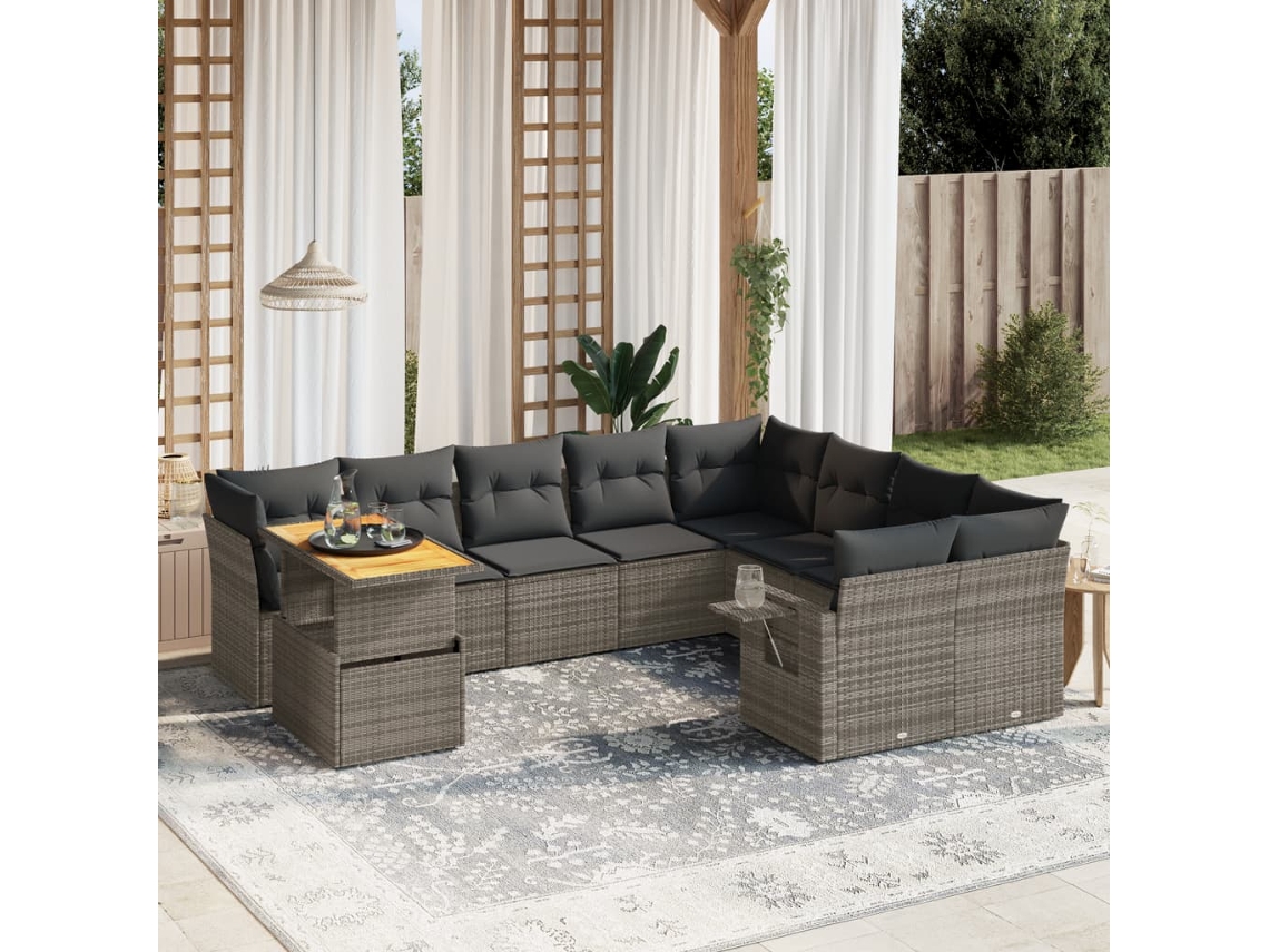 Vidaxl 10 Pcs Conjunto Sofás De Jardim C/ Almofadões Vime Pe Cinzento
