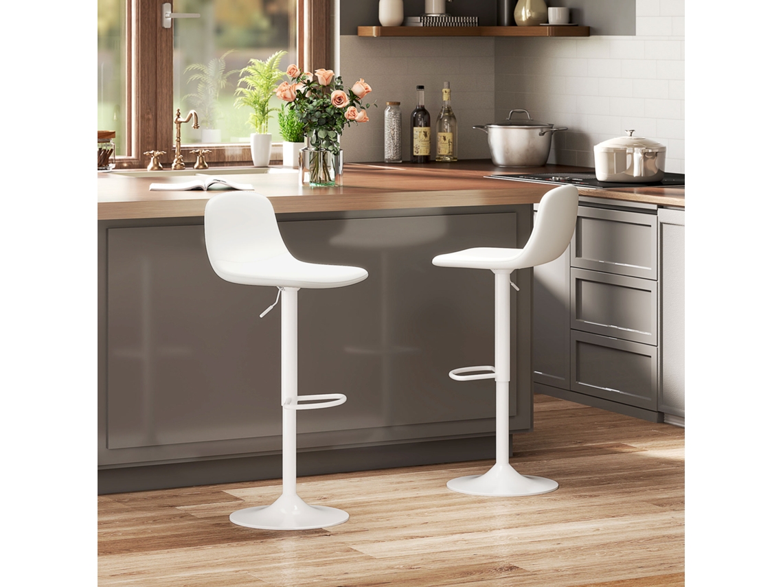 Conjunto De 2 Banquinhos Altos Ajustáveis 360° Com Encosto E Apoio Para Os Pés, 40,5x44x84-104 Cm, Branco