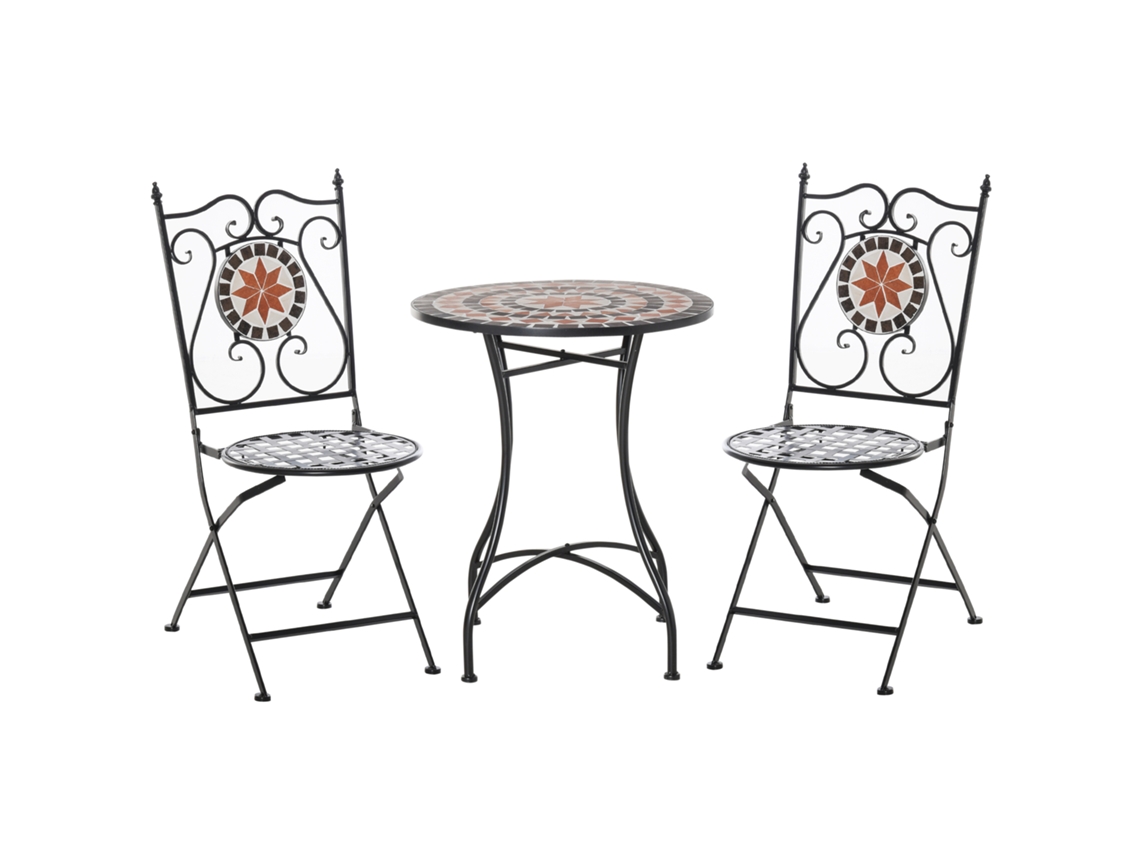 Conjunto Bistrô 3 peças, 2 cadeiras e mesa, ferro forjado, mosaico cerâmico, rosa ventos