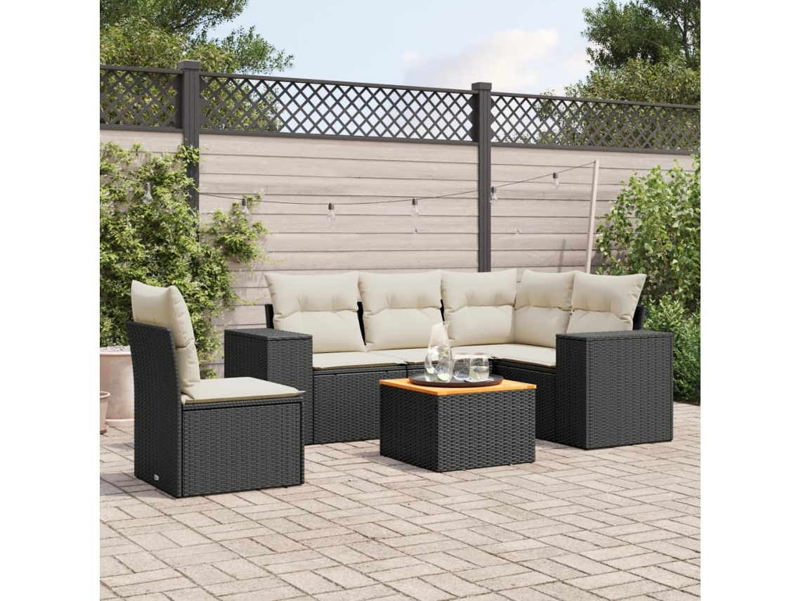 Jogo de Sofá Jardim 6 Peças C/ Almofadões Vime Pe Preto Dkd Home Decor