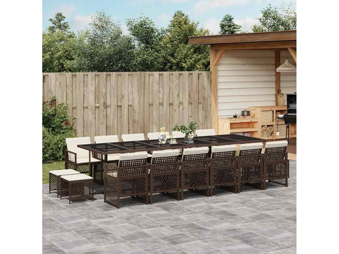 Vidaxl 17 Pcs Conjunto Jantar P/ Jardim C/ Almofadões Vime Pe Castanho