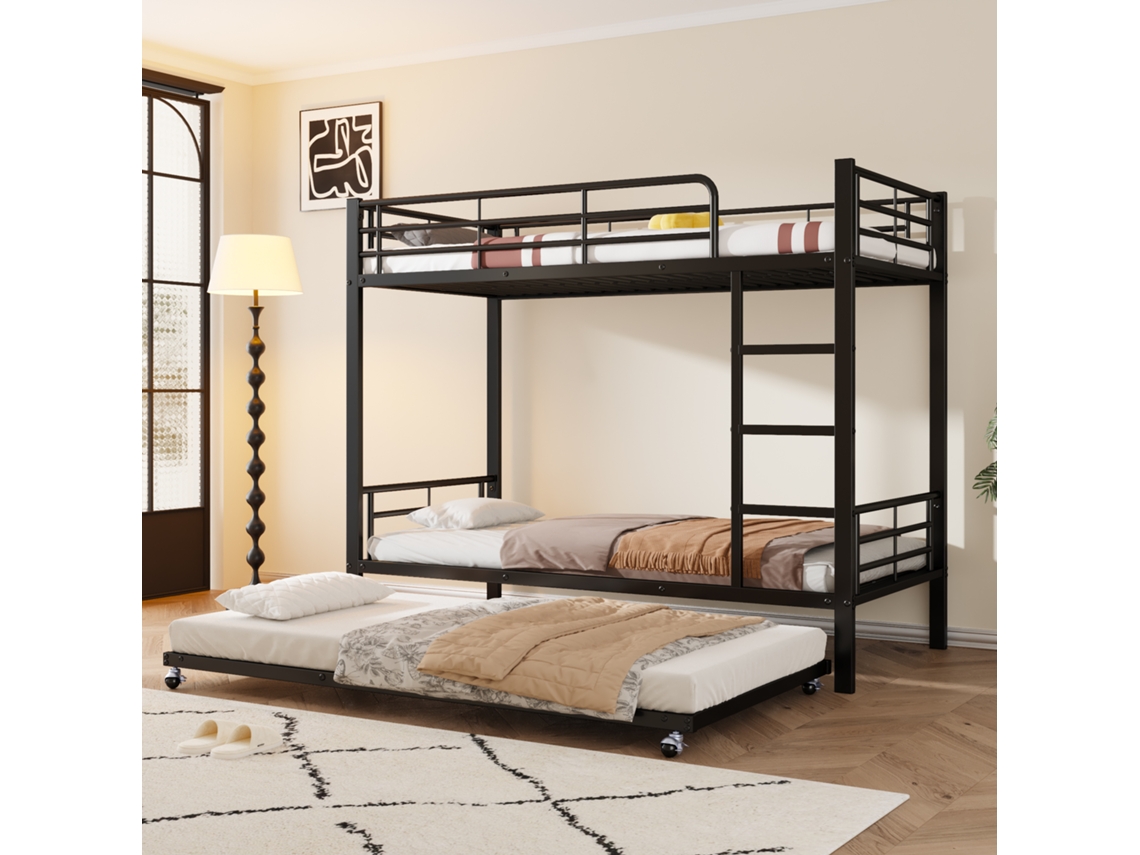 Cama De Ferro Infantil Adolescente Com Cama Extraível 90x200cm 90x190cm Preto