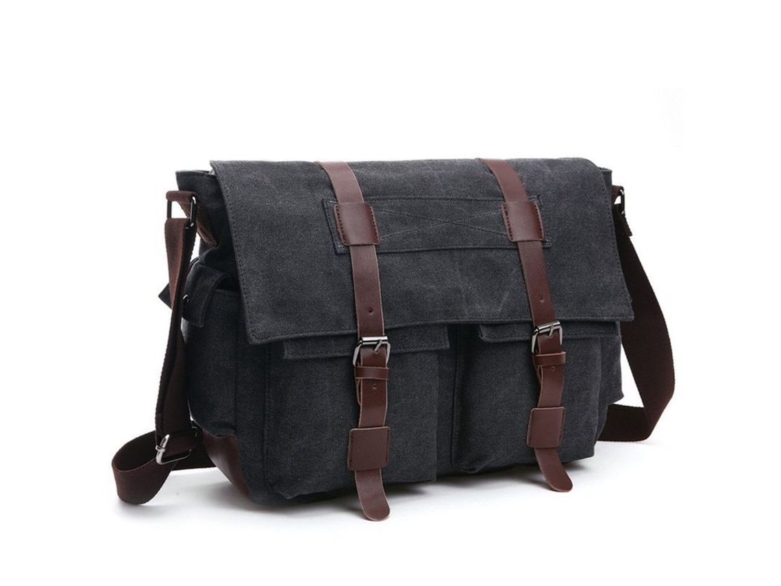 Mochila de ombro vintage militar em lona com 16 bolsos para notebook impermeável Preta.
