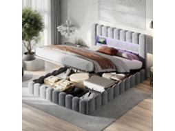 CAMA DE CASAL 180x200cm com espaço de armazenamento, LED, cabeceira, estação de carregamento, cinza claro