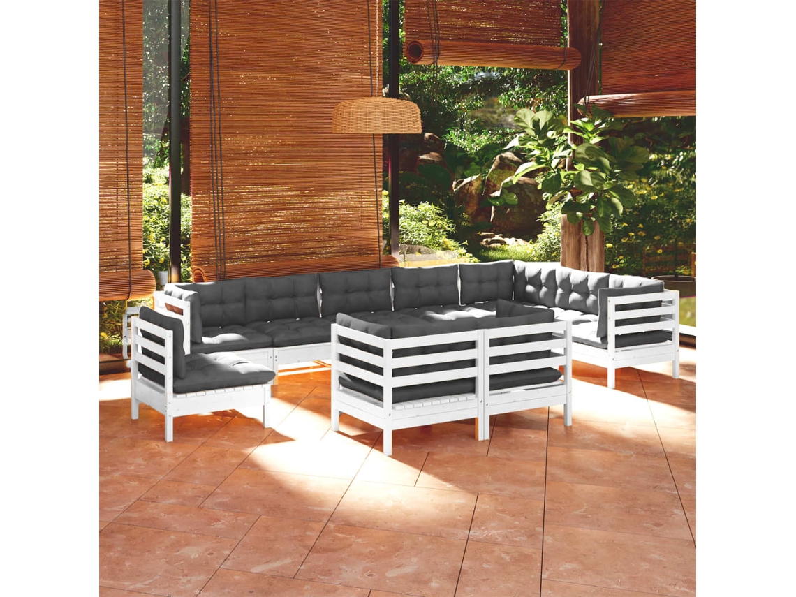 Vidaxl 10 Pcs Conj. Lounge De Jardim C/ Almofadões Pinho Maciço Branco