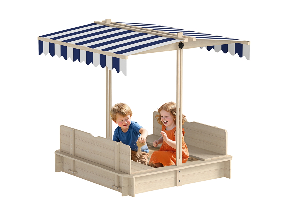 Caixa de Areia Infantil de Madeira com Dossel Solar. Banco e Tampa. 106x106x115 Cm Branco e Azul Ge