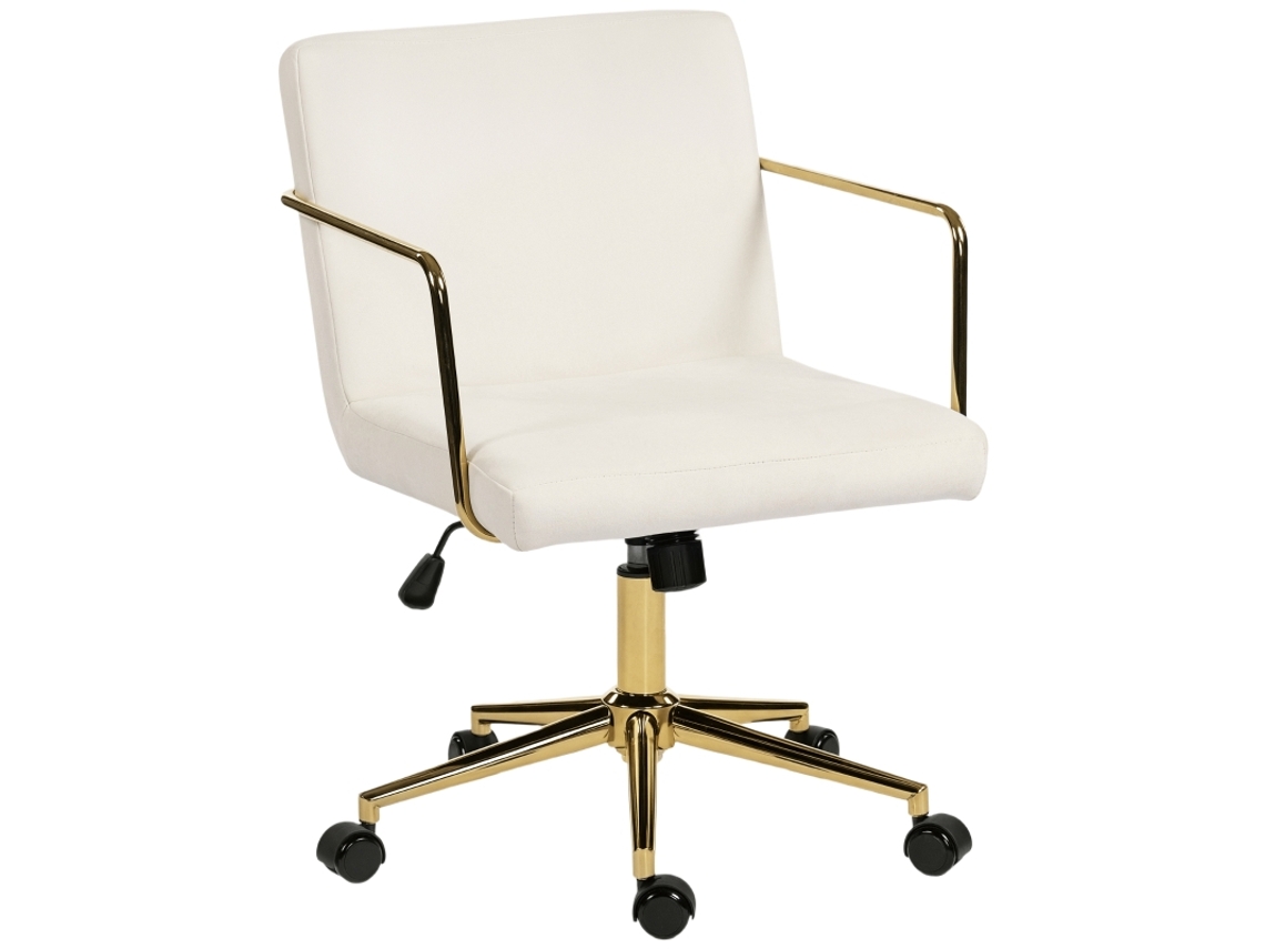 Cadeira Giratória Com Rodízios E Detalhes Dourados, Base De Metal, Revestimento Em Veludo, Branco Gelo