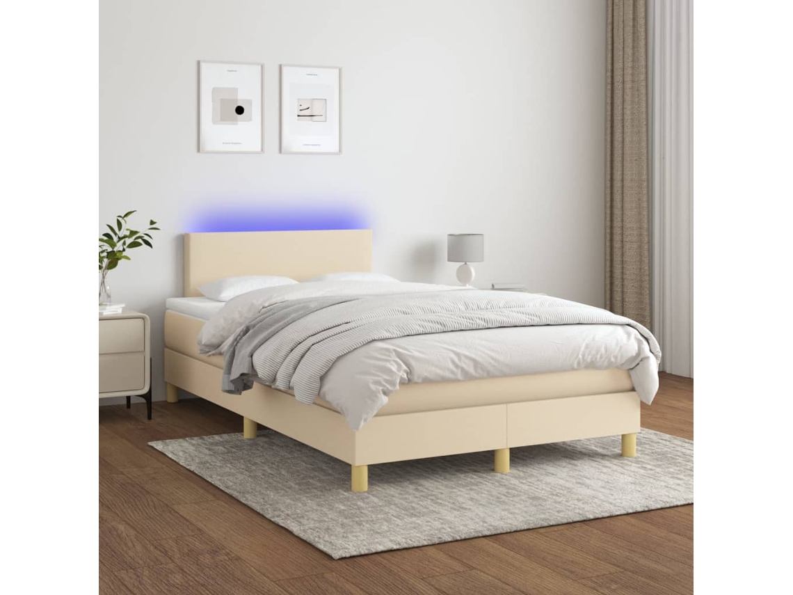 Vidaxl Cama Box Spring C/ Colchão E Led 120x200 Cm Tecido Cor Creme