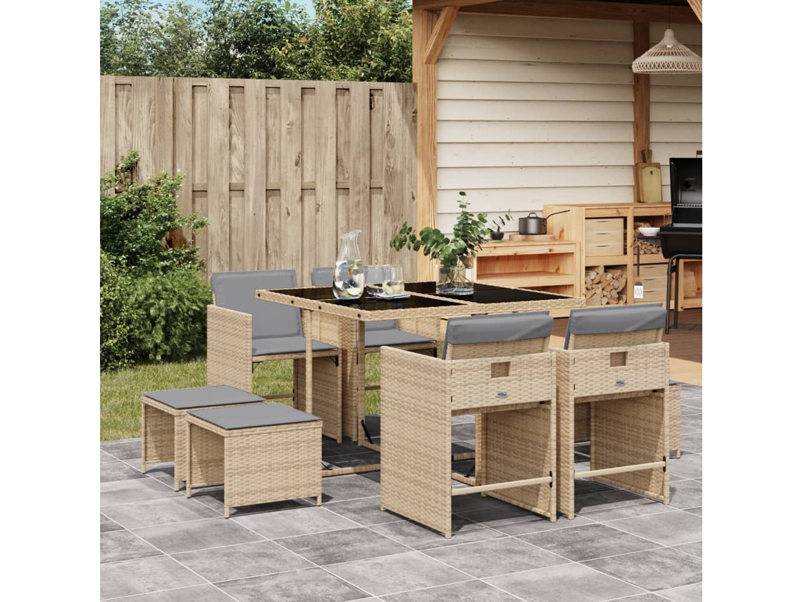 Vidaxl 9 Pcs Conj. Jantar Jardim C/ Almofadões Vime Pe Bege Misturado