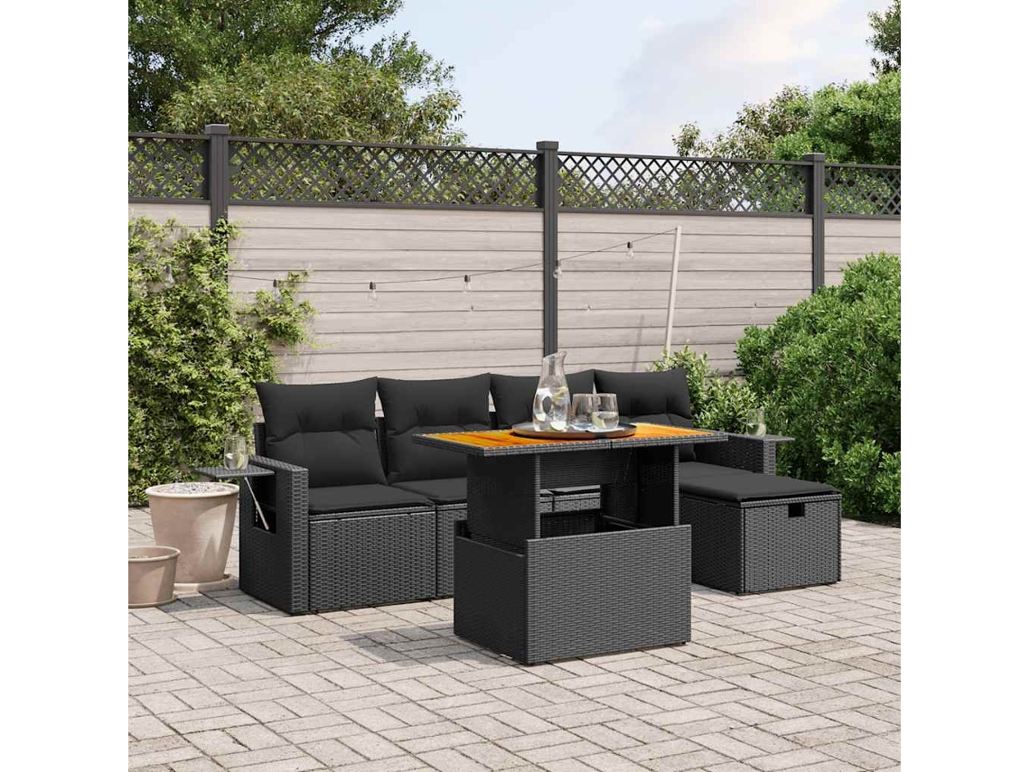 Vidaxl 6 Pcs Conjunto Sofás De Jardim C/ Almofadões Vime Pe Preto