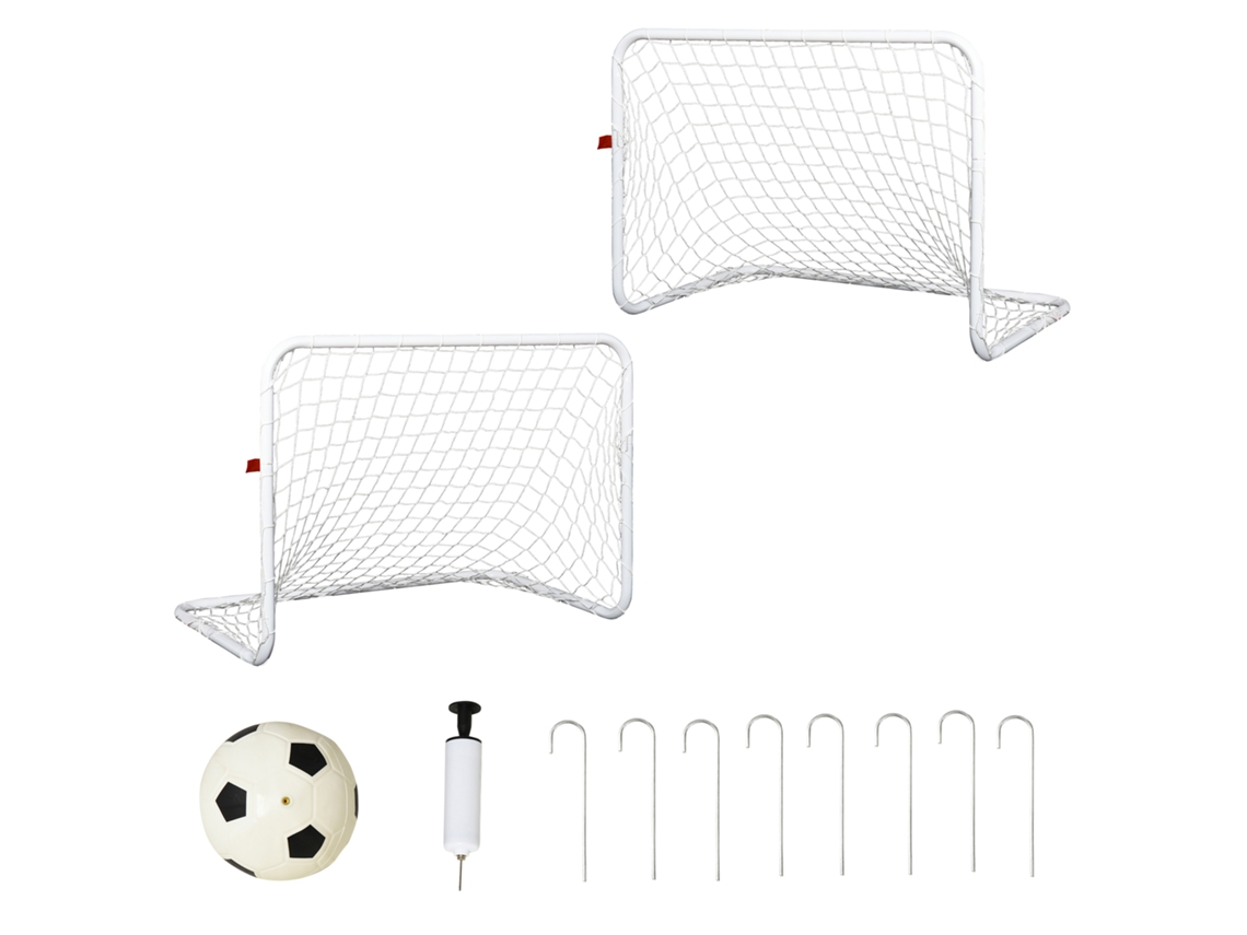 Conjunto de 2 Balizas de Futebol com Rede e Bola Inflador Aço e Poliéster 78x46x56cm Branco TOPBRICO