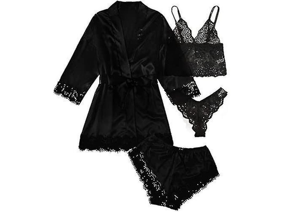2026 conjunto de Pijamas Satinado de 4 Piezas Con Encaje Floral, Camisole Y Batina para Mujer