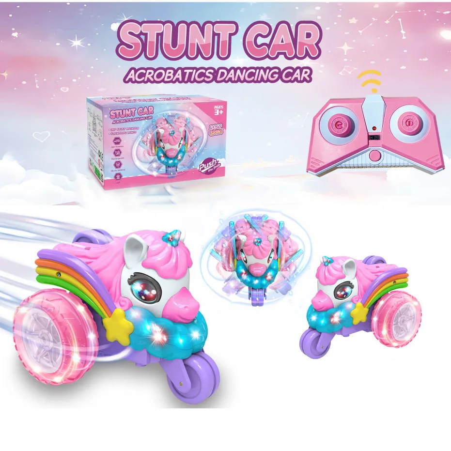 (rosa) Unicórnio Carro Acrobático De Controle Remoto, Carrinho De Brinquedo Dançante E Giratório, Com Controle Remoto