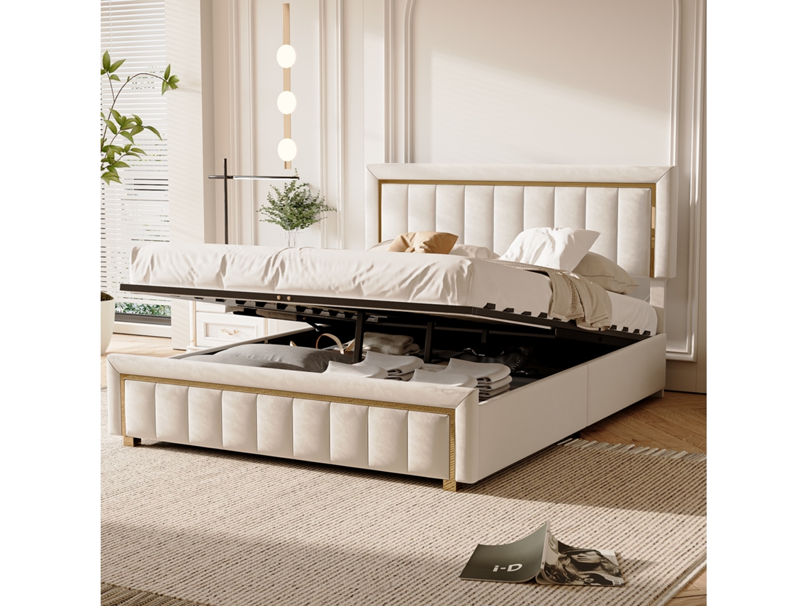 Cama De Casal 140x190, Cama Estofada Com Riscas Verticais E Bordas Douradas, Estrutura De Cama Para Quarto, Elegante E Imponente, Veludo, Bege,simurq